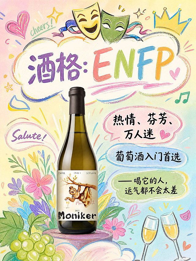 [第7屏] 彩蛋性格标签-意大利莫斯卡托甜白葡萄酒。参考参考图活泼涂鸦插画风，明亮清新马卡龙配色，保持卡通涂鸦手绘线条感。葡萄酒瓶来自用户提供的产品图，放在画面中下部居中，保持瓶身外观颜色标签完全一致。背景马卡龙渐变色，上方加入戏剧面具手绘装饰元素。文字内容：主标题"酒格：ENFP"，内容"热情、芬芳、万人迷
葡萄酒入门首选
——喝它的人，运气都不会太差"，整体排版活泼有趣，突出趣味定位。3:4竖版，4K，文字清晰。负向提示：瓶身变形，文字错乱，颜色偏差，手绘风格丢失。