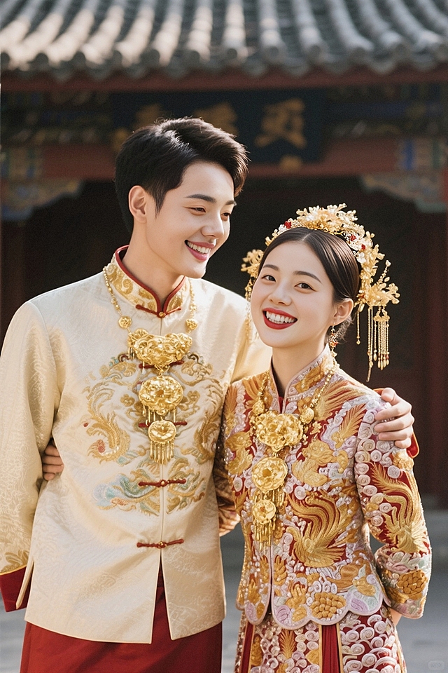 穿着婚礼服装的情侣，两人身着中式婚服，新郎站在左边，新娘站在右边，配套高定金饰，两人紧紧靠在一起笑，一个侧脸一个正脸，光线明亮均匀，欢乐甜蜜的婚礼拍照氛围。
