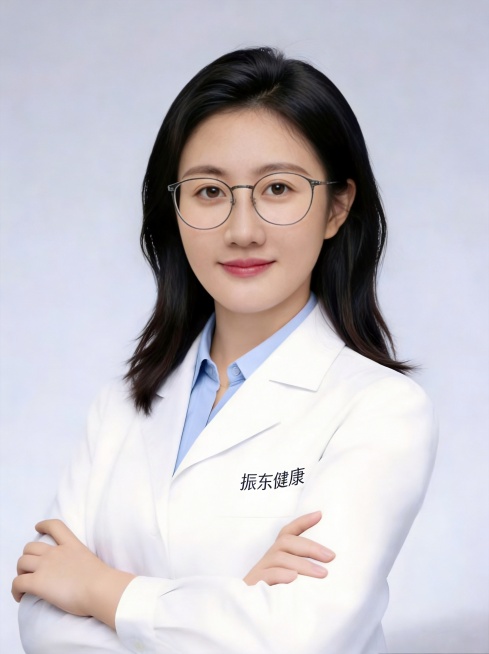 参考原图，保留人物脸型、发型、年龄、姿势、眼镜、服装样式不变，仅修改白大褂胸前的文字，将文字替换为"振东健康"，保持其他所有内容不变，保持原画质，32k、超高分辨率、细节清晰，自然写实风格预览效果