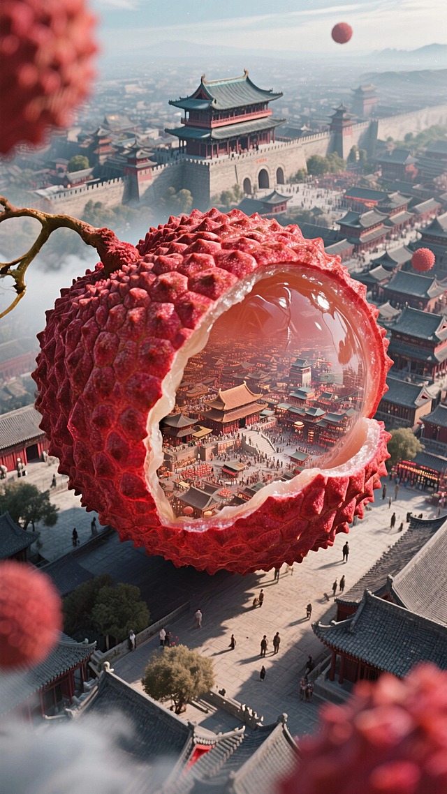 新中式美学融合意识流的奇幻插画。画面由一个巨大的红色荔枝构成，果肉里面是一座繁华的古代长安城池。肌理磨砂，高斯模糊，动态模糊。超高空俯视，超广角镜头。氛围大气而灵动，极具观赏性。