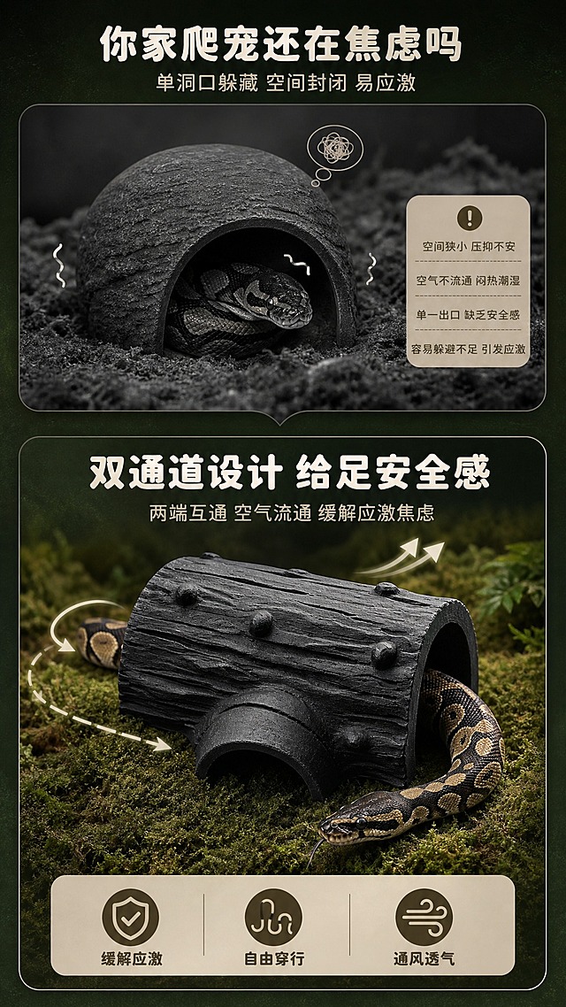 [商品] 使用【图3】玄墨幽洞款躲避屋；保留所有结构细节、黑色哑光质感和双通道洞口造型；产品完整展示。
[画面] 页面目标：痛点共鸣页，对比普通单洞口躲避屋与本产品双通道设计的差异，引发爬宠主人对宠物应激问题的关注。构图：竖版9:16，上下分栏，上半部分为"痛点场景"，下半部分为"解决方案"。上半部分用暗灰色调表现一只蛇在狭小单洞口躲避屋中局促不安的状态（示意性表达，不做夸张恐吓），配痛点文案。下半部分主体为玄墨幽洞款躲避屋，清晰展示两端互通的双通道结构，旁边有箭头示意空气流通和蛇的穿行路径，蛇在洞内自由穿梭的状态。底部放核心利益点总结。
[视觉] 套系策略：风格=高级自然森系商业摄影；标题字=圆润无衬线粗体；正文字=简洁圆润无衬线体；主色=深森林绿；背景延展=基于深森林绿做上下渐变、同色系深浅层次、微弱苔藓纹理；强调色=原木暖棕色；标题色=米白色；正文色=浅米色；组件=圆角浅米色信息卡、细线条箭头图标；光影=柔和侧光突出产品立体感。
[文字] 上半部分痛点标题："你家爬宠还在焦虑吗"，小字："单洞口躲藏 空间封闭 易应激"。下半部分解决方案标题："双通道设计 给足安全感"，小字："两端互通 空气流通 缓解应激焦虑"。底部三个小图标配文字："缓解应激"、"自由穿行"、"通风透气"。文字全部横排，层级分明。
[规格] 图片比例9:16竖版，4K，避免变形、错字、文字过小、蛇身畸形、冷蓝背景、产品颜色改变、结构失真、水印、极限词、医疗化表述。