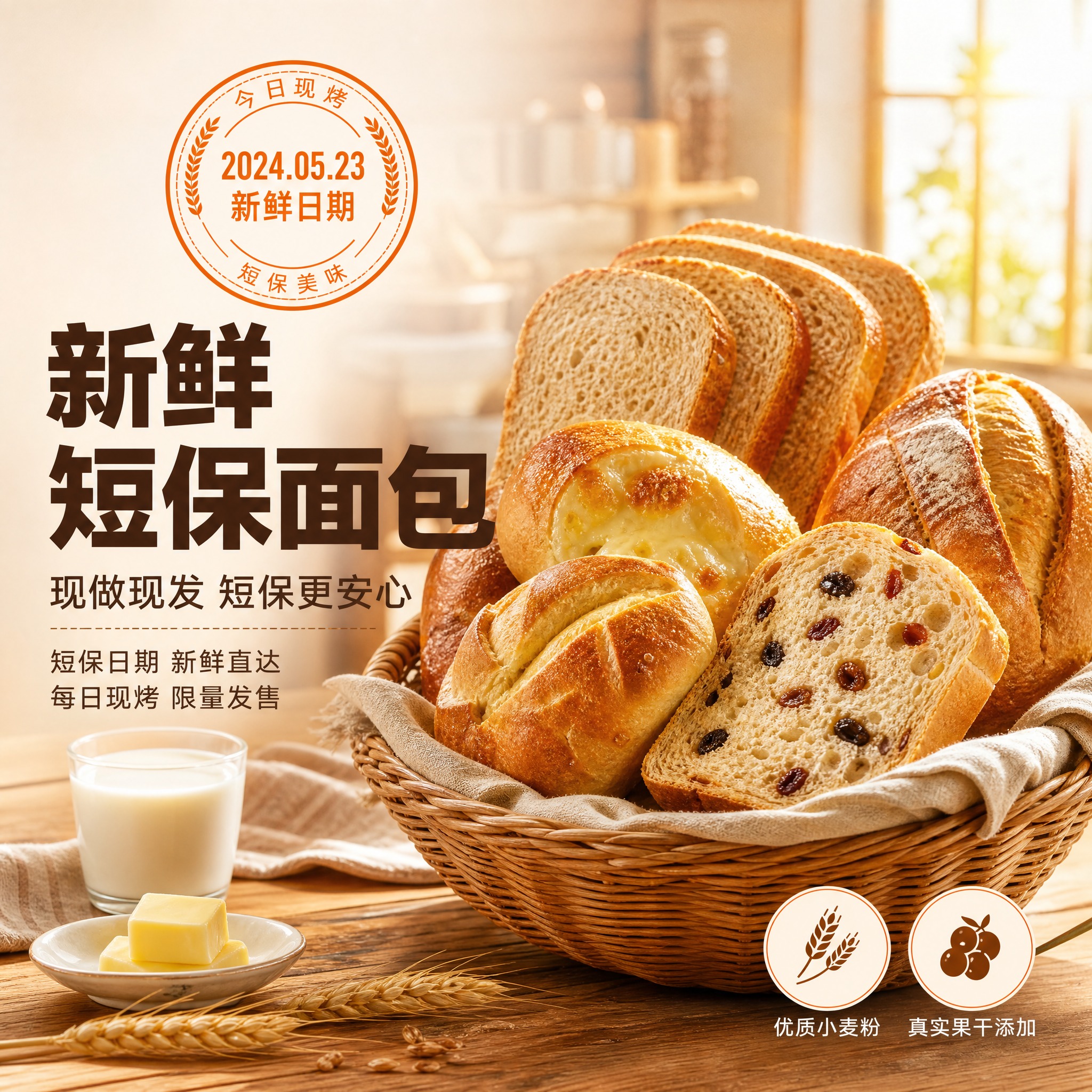 [主图-1 短保面包首图] 主题：新鲜短保面包 现做现发 突出… - 图片创意预览