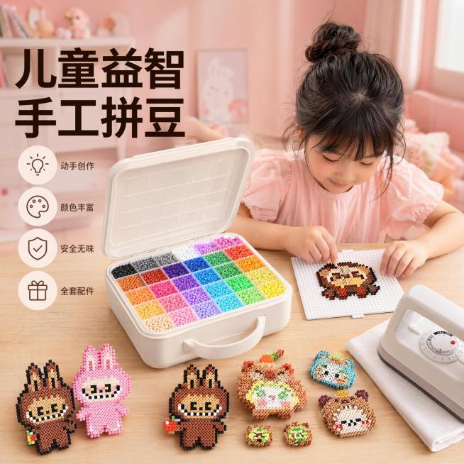 [主图-2] DIY拼豆套装场景展示图。保持DIY拼豆套装包含收纳包、拼豆、熨斗、成品作品外观（物理结构、材质质感、颜色）与输入产品图绝对一致，杜绝任何变形和色差，精细化处理。氛围风格展示小朋友制作拼预览效果