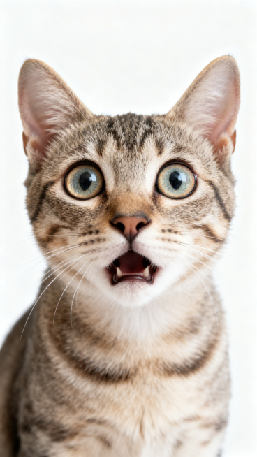 一只露出震惊表情的猫咪，纯白色背景预览效果