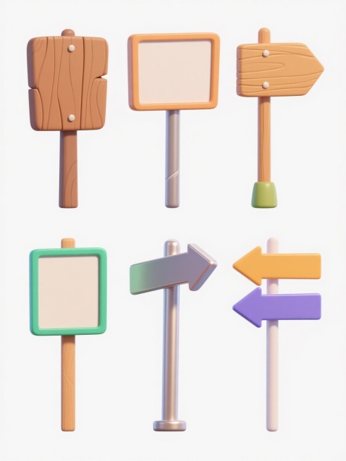 6个不同样式、不同材质、不同风格的无文字指示牌，白色背景，排列整齐，采用卡通插画风格，具有平滑的线条和鲜明的色彩，每个指示牌都有独特的造型设计和材质表现，如木质纹理、金属光泽、塑料质感等，整体视觉简洁明快，符合卡通插画的艺术特点。预览效果