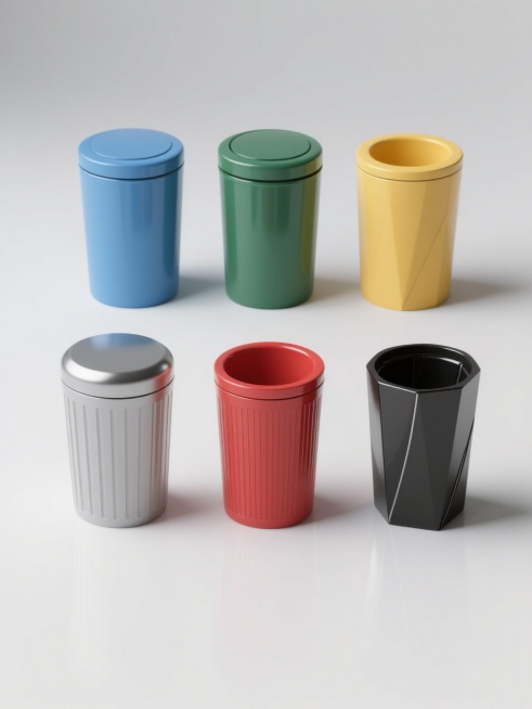 白色背景下整齐排列的6个不同款式、不同样式、不同配色的垃圾桶，3D渲染，光滑塑料材质，具有细腻的表面纹理和反光效果，简约现代设计风格，清晰的边缘轮廓，柔和的阴影，高清晰度，每个垃圾桶拥有独特的造型特征（如条纹、光滑面、带盖、不同高度比例、几何切割线条等）和鲜明的色彩区分（如蓝色、绿色、黄色、红色、灰色、黑色等），整体构图平衡对称，光线均匀柔和，突出物体立体感和材质质感。预览效果