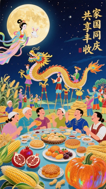 画面采用农民画风格，色彩对比强烈，构图饱满，生活气息浓厚。前景是堆满丰收粮食（玉米、石榴、南瓜）和各式月饼的宴席，人们围坐欢笑。中景是舞动的长龙和踩高跷的队伍。背景则是夜空中一轮巨大的明月，明月里是嫦预览效果