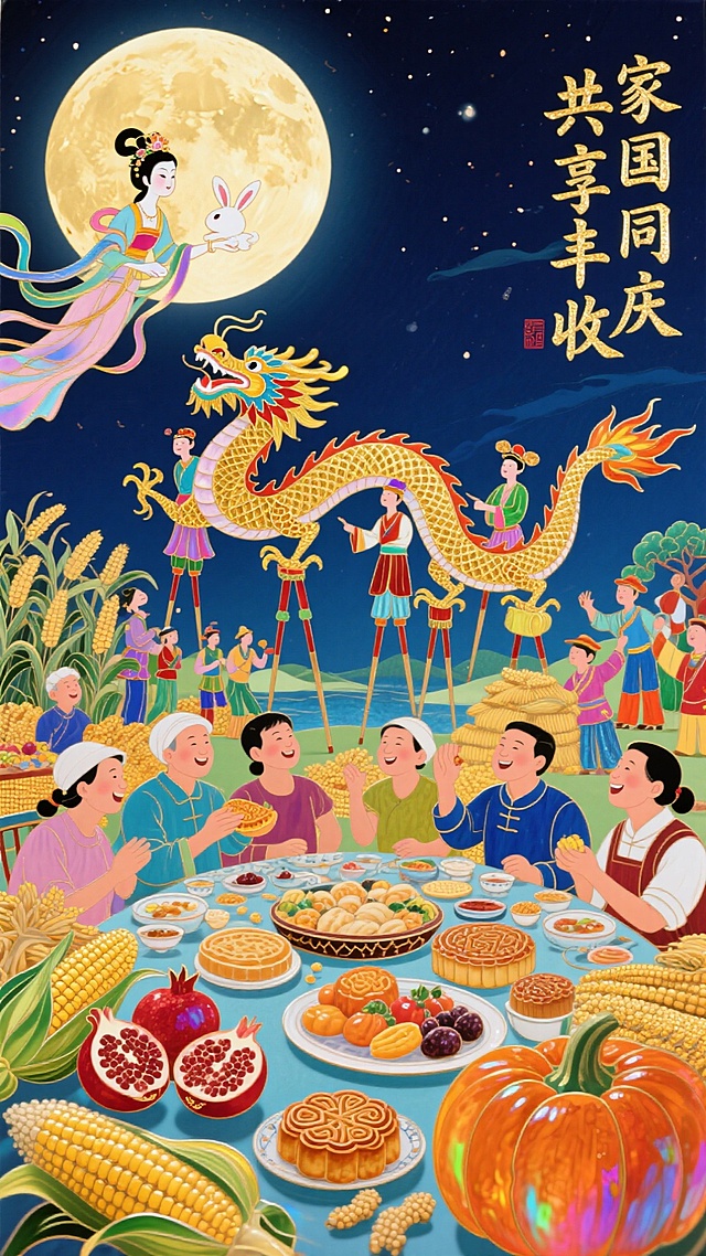 国潮插画风，融合剪纸与鎏金元素，拟人化嫦娥玉兔共庆中秋，龙舞丰收宴，喜庆卡通感十足，传递家国同庆、共享丰收的节日氛围。