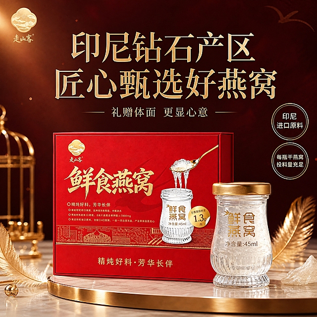 [单张主图] 走山客鲜食燕窝礼盒，高级氛围感路线，淘宝天猫1比1电商主图，主打高端礼赠与印尼原料品质，一张图同时承担点击理解信任与转化。

[画面主体] 画面中下方放置红色鲜食燕窝礼盒，礼盒正面完整展示，保持与输入产品图一致的正红色外观、金色鲜食燕窝大字、走山客品牌Logo和金色装饰纹样；礼盒前方或侧方摆放一瓶鲜食燕窝玻璃瓶，金色瓶盖、瓶身金色鲜食燕窝字样与45ml净含量标注清晰可见，瓶内燕窝晶莹剔透有拉丝质感。礼盒占画面约百分之四十五，玻璃瓶占约百分之二十，产品整体完整不裁切。

[构图版式] 采用大字场景海报型版式。上半区用超大中文主标题压住视觉，标题跨行排版，有设计感但不压主体；产品置于中下方，放在精致的大理石台面或金色托盘上；周围点缀与燕窝相关的优雅装饰元素。

[场景元素] 背景为深邃的酒红色到暗红色渐变，带有细腻的暗纹肌理和柔和的光晕效果，营造高端奢华氛围。产品放置在浅米色大理石台面上，台面有柔和反光。周围点缀几片晶莹的燕窝丝、金色的羽毛装饰、少量精致的金色线条装饰元素、柔美的光斑。左上角安全区放置走山客品牌Logo，与产品包装上的Logo一致。底部放轻量信息标签。

[文案版式] 上半区主标题为两行大字，第一行是印尼钻石产区，第二行是匠心甄选好燕窝，字体为典雅宋体风格，金色字，字重适中有质感，字号大但不喧宾夺主。主标题下方一行副文案：礼赠体面 更显心意，字体稍小，浅金色。底部右侧放两个轻量圆形标签，分别写印尼进口原料和每瓶干燕窝投料量充足。所有文字清晰可读，放在留白区域，不遮挡产品主体。

[光影质感] 自然光从左上方斜射，产品有柔和的高光和投影，礼盒红色有质感不发灰，玻璃瓶有通透感和折射，金色元素有金属光泽。整体光影柔和高级，有浅景深效果，背景虚化突出主体。产品底部有自然的接触阴影，不悬浮。

[配色字体] 主色：酒红暗红色背景；辅助色：金色文字装饰瓶盖；点缀色：米白浅米色。字体：主标题用典雅宋体衬线体，副文案用细宋体，标签文字用简洁黑体。字重克制，靠留白和金色质感体现高级感。

[比例分辨率] 1比1正方形，2K分辨率，文字清晰可辨，产品细节锐利。

[负向提示词] 变形 错字 糊字 伪Logo 主体遮挡 背景杂乱 低清晰度 错误结构 悬浮 穿模 水印 平台Logo 廉价感 过度锐化 强描边