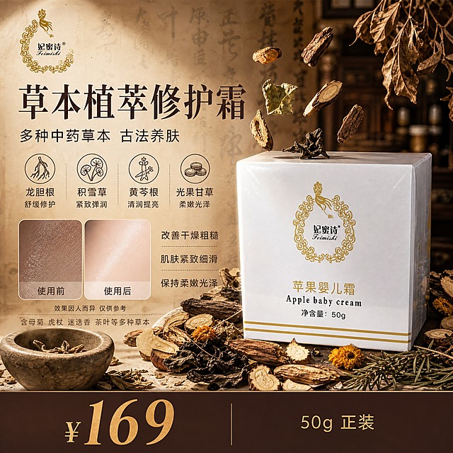 [单张主图] 妃蜜诗草本植萃修护霜（原苹果婴儿霜），小红书1:1中药草本风格主图，爆款促销感+中药原生成分结合路线，单图同时承担点击、理解、信任、转化。

[画面主体] 画面中下部偏右放置妃蜜诗苹果婴儿霜白色方盒产品，正面朝向观众略左倾15度，产品外观、金色佛手花纹Logo、妃蜜诗品牌名、苹果婴儿霜字样、50g净含量、金色双横线装饰均与输入产品图完全一致，产品占画面约40%。产品周围散落多种晒干后的深褐色偏黑草本中药原料：黄芩根切片、虎杖根段、甘草片、干母菊花、干迷迭香叶、干茶叶、龙胆草根段、积雪草干叶，草本原料自然铺陈在产品底座周围，部分悬浮在产品左上方，体现中药草本成分来源。

[构图版式] 采用「左文右品标签参数型」中药变体版式。左侧约45%区域为文字信息区，右侧约55%为产品+草本原料展示区，底部约20%为价格通栏。左上保留妃蜜诗同款金色Logo。

[场景元素] 背景为中药铺风格，暖棕米黄色做旧宣纸纹理，隐约可见古药方毛笔字淡墨底纹，左下角放一个古朴陶制药臼和少量干草药，右上角有几片干枯的草本枝叶垂落，整体营造传统中药房氛围感。背景虚化处理，突出前景产品与文字。

[使用前后对比] 画面中部偏左位置放置两个圆角小图框横向并排，左侧标注「使用前」展示干燥粗糙暗沉的皮肤局部特写（偏暗调），右侧标注「使用后」展示柔嫩细滑有光泽的皮肤局部特写（偏亮调），两图下方小字标注「效果因人而异 仅供参考」，对比图尺寸适中不抢产品主体。

[文案版式] 所有文字清晰可读，不遮挡产品主体和Logo。
主标题（左侧上方，大号深棕色宋体风格）：
「草本植萃修护霜」
副文案（主标题下方，中号深褐色）：
「多种中药草本 古法养肤」
成分卖点（左侧中部，4组竖排，每组图标+文字，深褐色细字）：
「龙胆根 舒缓修护」
「积雪草 紧致弹润」
「黄芩根 清润提亮」
「光果甘草 柔嫩光泽」
补充说明（成分下方，小号灰色字）：
「含母菊 虎杖 迷迭香 茶叶等多种草本」
功效卖点（对比图右侧，3行短文案）：
「改善干燥粗糙」
「肌肤紧致细滑」
「保持柔嫩光泽」
底部价格通栏（深棕色底 金色字，通栏铺满）：
左侧大号金色数字「¥169」，右侧小字「50g 正装」

[光影质感] 自然光从左上方斜射，产品表面有柔和高光，草本干料纹理清晰，陶制药臼有温润哑光质感，整体暖调柔光，商业摄影级质感，景深适中背景虚化。

[配色字体] 主色：暖棕、米黄、深褐；辅助色：金色（从产品包装提取）、墨绿；强调色：深棕红。主标题用宋体风格细衬线字体，副文案和卖点用干净无衬线体，整套只用两种字体外观，字重有层级不混用。

[禁忌] 不得出现化学成分名称、不得出现生产厂家信息、不得写具体多少种草本、不得出现绝对化用语、不得夸张对比、不得出现平台Logo水印、不得有错字糊字、产品不得变形、不得出现西药或化学实验室元素。

[比例] 1:1正方形，2K分辨率，文字清晰锐利。