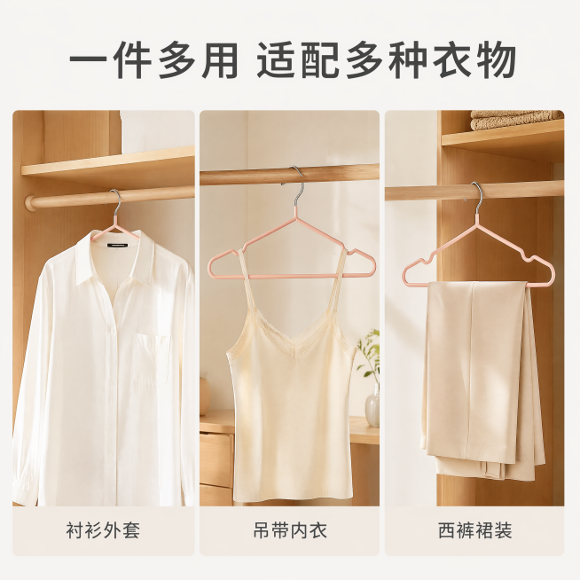 [主图-4] 浸塑衣架多场景适配展示；[氛围风格] 家居简约风，温馨自然；[画质] 商业摄影质感，光线柔和通透，产品清晰真实，画面干净高级；[元素] 宫格布局展示衣架在衣柜挂衬衫、吊带、裤子三个不同使预览效果