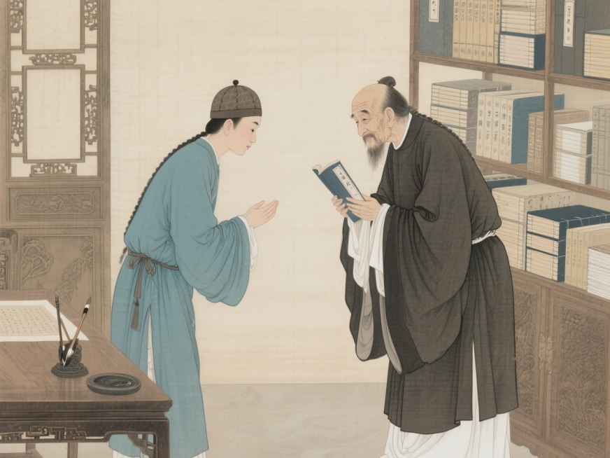 清朝时期，一位身着青色长衫、头戴瓜皮帽的年轻男子，正恭敬地向身穿深色长袍、手持书卷的老夫子行拜师礼，背景是古色古香的书房，书架上摆满线装书，案几上放着砚台毛笔，整体画面庄重典雅，工笔画风格，线条细腻，预览效果