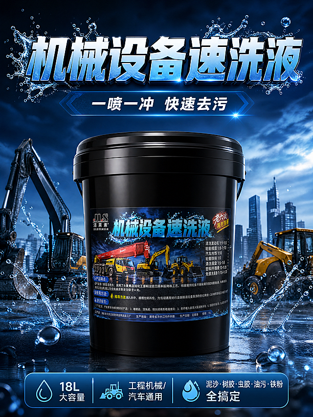 [商品] 使用【图1】洁莱素机械设备速洗液18L黑色桶装产品；保留黑色桶身、蓝色标签、JLS洁莱素Logo、机械设备速洗液大字、吊车挖掘机图案、标签文字信息与桶的结构比例；修复桶身表面划痕与灰尘，让桶身光泽饱满、标签清晰锐利，不改变产品外观结构。
[画面] 目标：头图海报，突出产品专业形象与快速去污核心利益。构图：产品居中偏下，占画面55%，桶身正面朝向观众略向左侧15度；上方大标题区，底部信息条；背景为深蓝色工业场景，有工程机械设备剪影与水花飞溅特效，营造强力清洁氛围；前景点缀水珠与光效，中景产品主体，远景城市工业天际线与云层。
[视觉] 套系策略：风格=深蓝工业硬核风商业摄影；标题字=粗黑体立体字，带金属渐变与水花描边；正文字=简洁黑体；主色=深海蓝；背景延展=基于深海蓝做深浅渐变、云层纹理与工业金属质感；强调色=亮青蓝色，仅用于水花特效、图标、引线和标签高光；标题色=亮青蓝渐变白；正文色=白色与浅灰蓝；组件=圆角深蓝信息卡、细线引线、水滴图标；光影=左前侧硬光+右侧轮廓光，产品立体感强。
[文字] 顶部主标题："机械设备速洗液"；副标题："一喷一冲 快速去污"；底部信息条："18L大容量 工程机械/汽车通用 泥沙·树胶·虫胶·油污·铁粉 全搞定"；文字均为横排，不遮挡产品正面标签核心区域。
[规格] 图片比例3:4竖版，4K，避免变形、错字、文字过小、桶身颜色改变、标签文字错乱、浅灰白底。