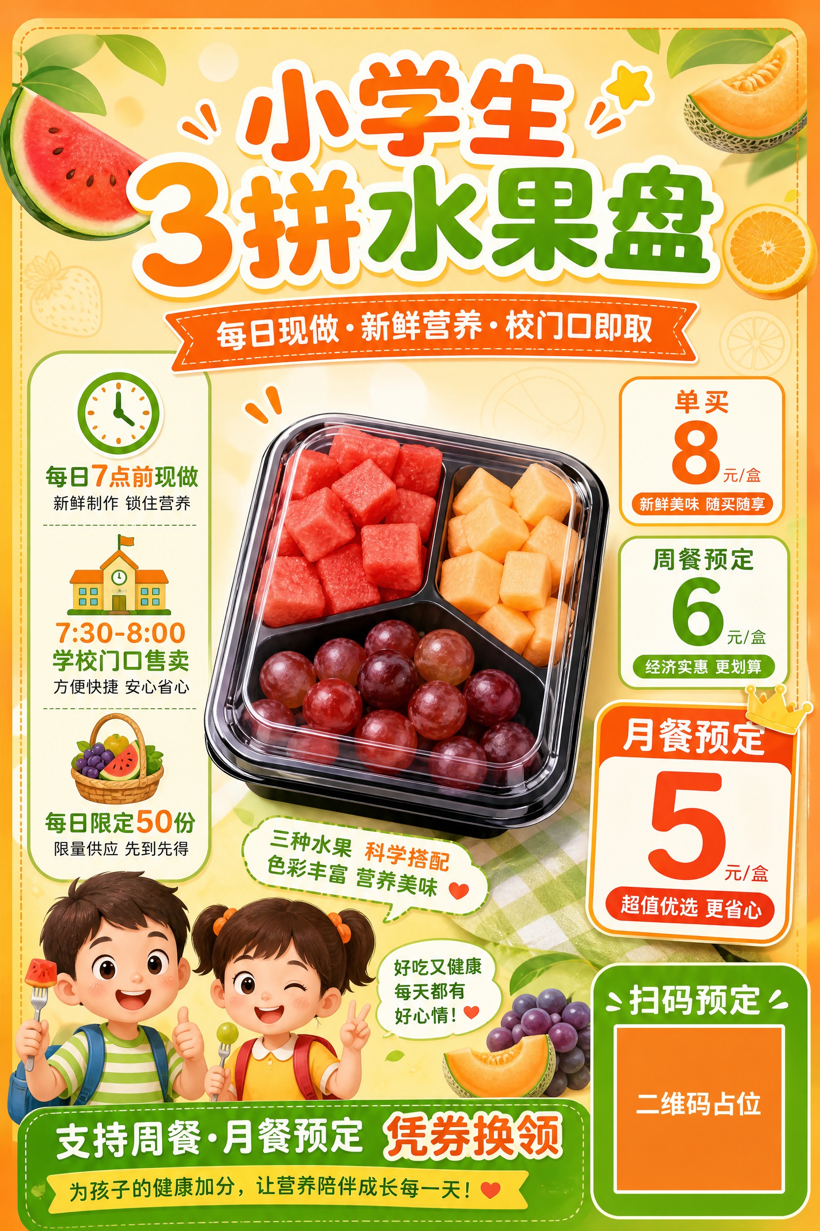 A4竖版宣传海报，主题为小学生3拼水果盘。清新活泼童趣风格，主… - 图片创意预览