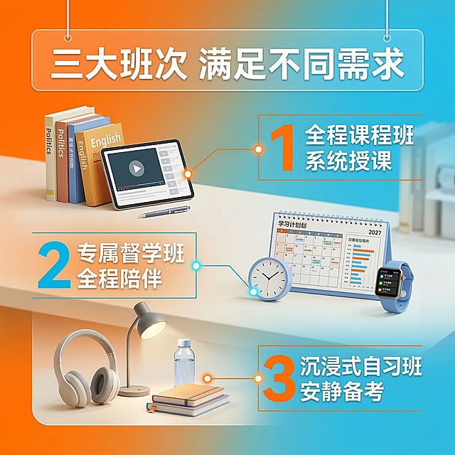 [主图主题] 2027考研核心卖点卖点展示图
[氛围/风格] 活泼欢快年轻风格，明亮活力
[画面元素] 中心放置简约考研书桌场景，背景为明亮渐变色，三个卖点区域分别放置不同的考研备考道具，用纤细彩色引线连接对应文字说明，每个连接点有圆形光点，整体干净清爽，信息层级清晰，背景铺满全屏
[配色色系] 主色调：活力橙 清新蓝；辅助色：米白 浅灰
[视角构图] 中心纵向排布，三分构图，浅景深
[文字版式] 主标题 "三大班次 满足不同需求"，然后分三个区域用大数字 1 2 3 引导，内容为 "1 全程课程班 系统授课 2 专属督学班 全程陪伴 3 沉浸式自习班 安静备考"，大数字粗体醒目彩色，文字白色，使用极细线框分隔每个卖点，标题悬浮于画面顶部，文案从上到下排列，布局清晰易读，字体为无衬线体