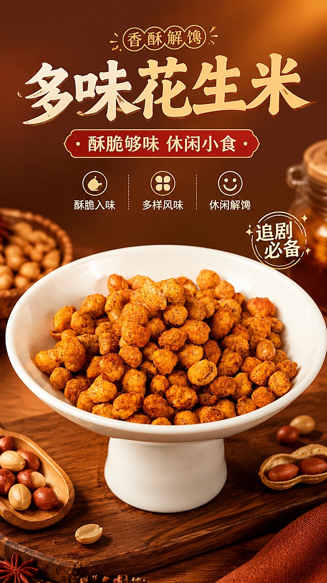 这是一张餐饮零食商品营销海报，主题是多味花生米。主标题文字"多味花生米"，副标题文字"酥脆够味 休闲小食"，卖点文字"酥脆入味" "多样风味" "休闲解馋"，装饰文案"香酥解馋" "追剧必备"。使用写实商业摄影风格，营造酥脆有食欲的零食氛围，暖调橙红色系，产品保持100%还原上传商品图的外形、颜色和质感，设计仅作用于背景、光影、道具、版式和文字区。采用居中产品构图，产品占据画面中下部，背景使用暖棕色渐变，点缀少量花生原料元素，整体层次感分明，版式精美，文字不遮挡主体，画面比例9:16，分辨率4K，超高清画质。