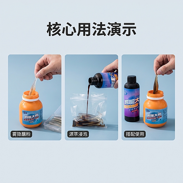 增加以下产品描述 ---  源萃 & 雾隐：专为国内路亚开发的诱鱼方案  从实战出发，为效果而生。  我们深知国内路亚鱼情的独特之处。源萃与雾隐，专为国内路亚爱好者开发，采用“靶向诱食信号技术”，经过反复测试与优化，能够有效激发鱼类的捕食本能，提高咬钩率和持饵时间。  ---  源萃 · 深水狙击浸泡液  渗透入体，长效缓释  这不是简单的表面涂抹。源萃采用“深层渗透技术”，诱鱼活性成分能够在浸泡过程中穿透软饵表层，进入微观孔隙，形成一个持续的“气味储库”。  即使反复抛投冲刷，软饵内部仍保留着诱鱼信号。冲洗冲不掉，抽动挤出来，每一次跳底停顿，都是一次无声的诱惑。  核心用法：  · 浸泡：将软饵放入密封袋，挤入源萃，揉搓均匀，推荐浸泡24至72小时。浸泡达标后，可将软饵取出单独存放，长期有效。 · 注射：用细针头注射器将源萃注入软饵内部，建立高浓度内部储库，由内而外缓释。  战术定位：专攻深水结构、贴底跳底、高压鱼情。让软饵带味入水，降低鱼的戒备，专注诱鱼。  雾隐 · 浅滩快攻蘸粉  遇水附着，入水释放  软饵蘸水后裹上这层粉末，在表面形成一层薄而均匀的哑光涂层，抛投不掉。入水下落后，粉末迅速扩散，形成高浓度的诱鱼信号区，快速吸引鱼的注意。  操作简单，节奏明快，配合快搜、点抽等手法，能在最短时间内覆盖浅层水域，是窗口期抢鱼的利器。  核心用法：  · 独立使用：软饵蘸水→甩掉多余水→放入雾隐罐中摇晃→轻抖浮粉→抛投。 · 搭配源萃：源萃浸泡过的软饵，直接蘸取雾隐，双重附着，信号叠加。  战术定位：专攻浅滩、窗口期、快节奏作钓。入水释放，扩散更快，抢鱼利器。  关于两款产品  · 均可独立使用，也可组合搭配。 · 所有原料均为食品级，安全无毒，不伤软饵，不污染水体。 · 建议存放于阴凉干燥处，使用后及时盖紧瓶盖，以保持活性成分的最佳状态。  源萃与雾隐——你的路亚战术搭档。