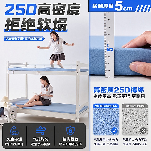 生成一张淘宝1:1主图，对比材质展示风格。左边展示学生在宿舍上下铺床垫上蹦跳久坐，右边特写展示床垫边缘厚度，强调床垫的密度和抗造性。主图添加大字主标题"25D高密度 拒绝软塌"，添加副标题卖点：💪 久坐不塌 弹性迅速回弹，🌬️ 气孔均匀 易清洗不闷潮，🔒 结构紧致 经久耐用不掉屑。配色：深灰+亮蓝+亮白，文案使用硬朗字体，整体突出宿舍学生床垫的高密度和抗造耐用特性，适配淘宝天猫平台