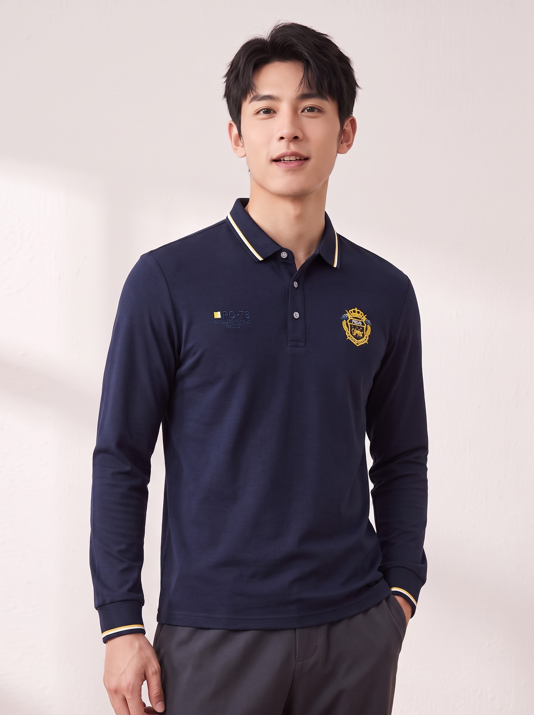 请将参考图2的【藏青色长袖Polo衫】1:1还原其款式、颜色、… - 图片创意预览