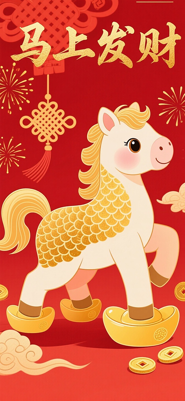 一只可爱的卡通小马，马身覆盖着金色的鳞片，鬃毛和尾巴是流动的金色祥云，马蹄踩着元宝和铜钱，背景是红色的中国结和金色烟花，上方有“马上发财”四个金色书法字，整体风格喜庆、吉祥，充满节日氛围