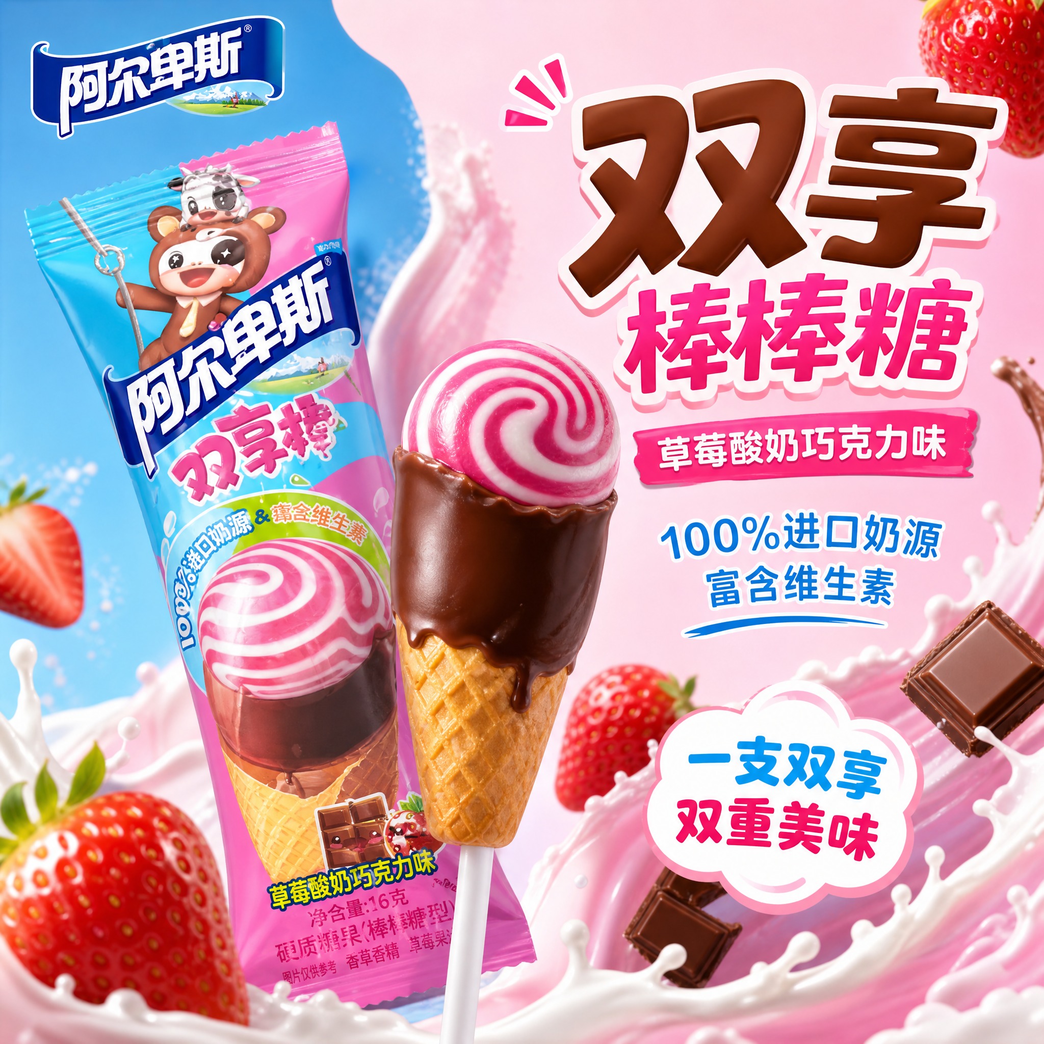 [主图-2] 阿尔卑斯双享棒棒糖主图，突出双享双层口味与草莓酸… - 图片创意预览