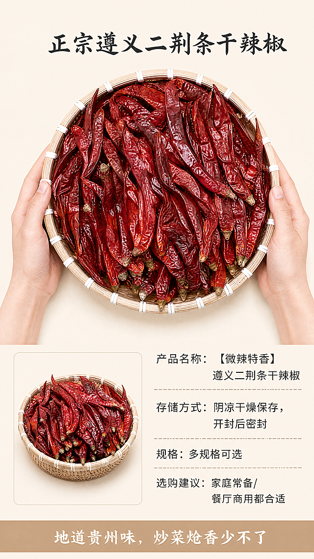 [第8屏] 规格信息与收尾转化屏，完成整套详情页转化收口。
[氛围/风格] 规整真实，传递产品信任，延续全套食欲感风格。
[元素布局] 上半部分放完整产品展示图，使用图2双手端簸箕的整份干辣椒产品，保持产品颜色、形态、结构与原图一致；下半部分为规格选购信息区，左侧放置产品图，右侧放置参数文字区域，布局清晰不拥挤。
[光影质感] 整体光线均匀柔和，产品展示区域自然投影，参数区域清晰干净，整体明暗均匀，符合移动端浏览。
[配色色系] 全局底色：#F5F0E6（浅棕米底色）；主体辣椒深红色，文字保持#333333（深棕），延续全套统一配色方案。
[视角构图] 产品展示为俯视角度，参数区左右分栏，阅读从上到下，整体构图平衡舒适。
[文字版式] 上方居中主标题「正宗遵义二荆条干辣椒」，深棕色适度书法感字体，字号占屏宽6%。下半区参数文字：产品名称：【微辣特香】遵义二荆条干辣椒；存储方式：阴凉干燥保存，开封后密封；规格：多规格可选；选购建议：家庭常备/餐厅商用都合适。底部浅棕色信息条放置收尾文案「地道贵州味，炒菜炝香少不了」，白色居中字体。延续首屏字形、字色（仅深棕一种）、纯色填充字效。
[比例分辨率] 9:16竖版比例，4K分辨率，文字清晰可辨，超高清。
[负向提示词] 产品变形，颜色偏差，文字错乱排列，参数遮挡产品，水印，违规促销用语。