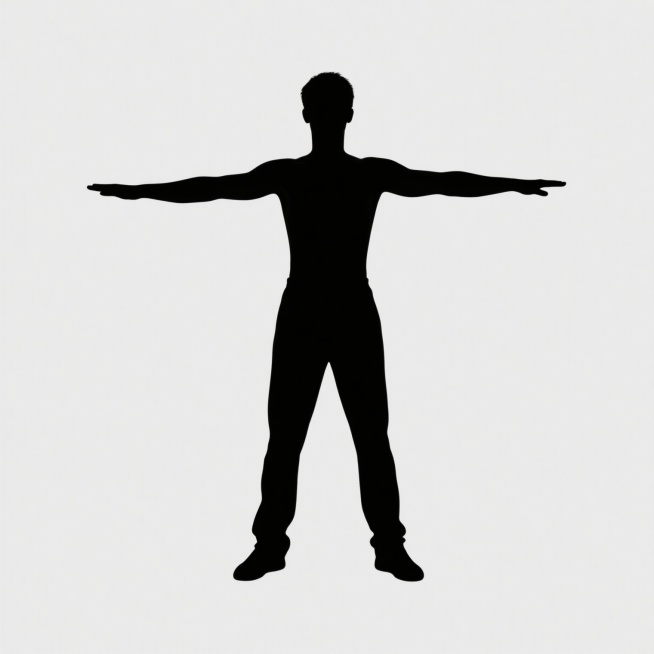 纯黑色剪影，男性青年，双腿微分站立，双臂向身体两侧水平伸展，手掌自然张开，身体保持挺直，简约轮廓，白色背景，极简风格，正面视角，肢体动态清晰，无内部细节填充。预览效果