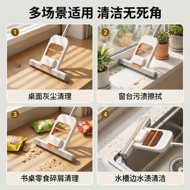 [主图 4] 多场景使用展示
[氛围/风格] 生活化实拍风格，自然温馨光线，展示多场景实用性
[画面元素] 四宫格构图，每宫格展示一个使用场景，保持产品外观与原图完全一致：1 桌面灰尘清理、2 窗台污预览效果