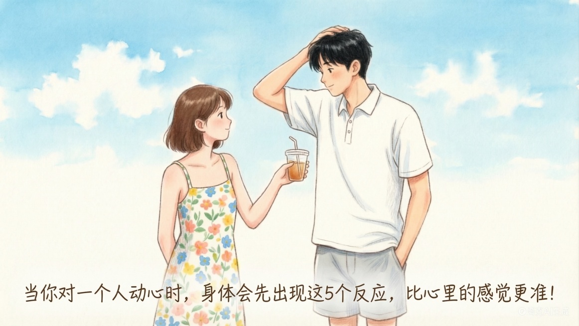 在图片画面下方的空白位置添加文字："当你对一个人动心时，身体会先出现这5个反应，比心里的感觉更准！"，保持画面原有风格不变预览效果