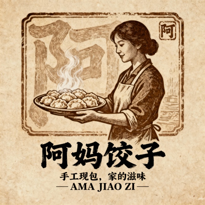以温暖怀旧的棕褐色调为主，采用手绘雕刻质感的视觉风格，呈现一位系着围裙的女性侧影温柔托举一盘热气腾腾饺子的场景，背景融入“阿”字艺术化印章边框，整体构图居中对称、层次分明；下方主标题“阿妈饺子”使用粗壮有力的手写书法字体，搭配小号衬线体副标“手工现包，家的滋味”与英文“AMA JIAO ZI”，文字排版紧凑且留白适度，营造亲切、传统、有温度的家庭美食氛围，画面需保留质朴纹理与柔和阴影，强调手工……预览效果