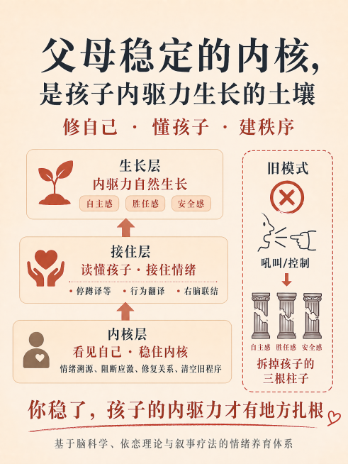 做以下修改：1. 将主标题第一行「父母稳住的情绪」改为「父母稳定的内核」；2. 将生长层和右侧柱子上的「联结感」都改为「安全感」；3. 在右侧对比框的三根柱子上分别标注文字「自主感」「胜任感」「安全感预览效果