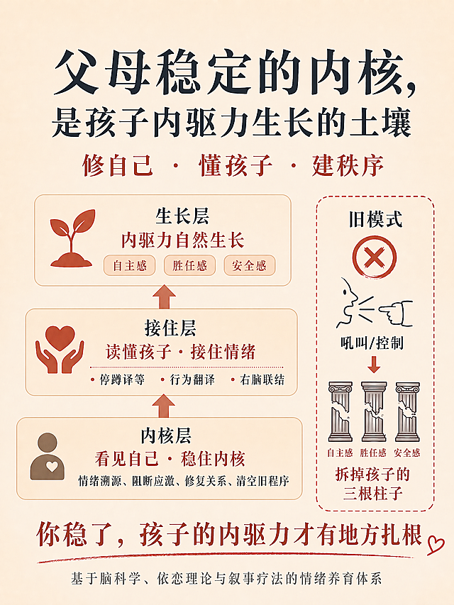 做以下修改：1. 将主标题第一行「父母稳住的情绪」改为「父母稳定的内核」；2. 将生长层和右侧柱子上的「联结感」都改为「安全感」；3. 在右侧对比框的三根柱子上分别标注文字「自主感」「胜任感」「安全感」，并将三根柱子都设置为裂开断裂样式。保持新字体和其他排版配色不变