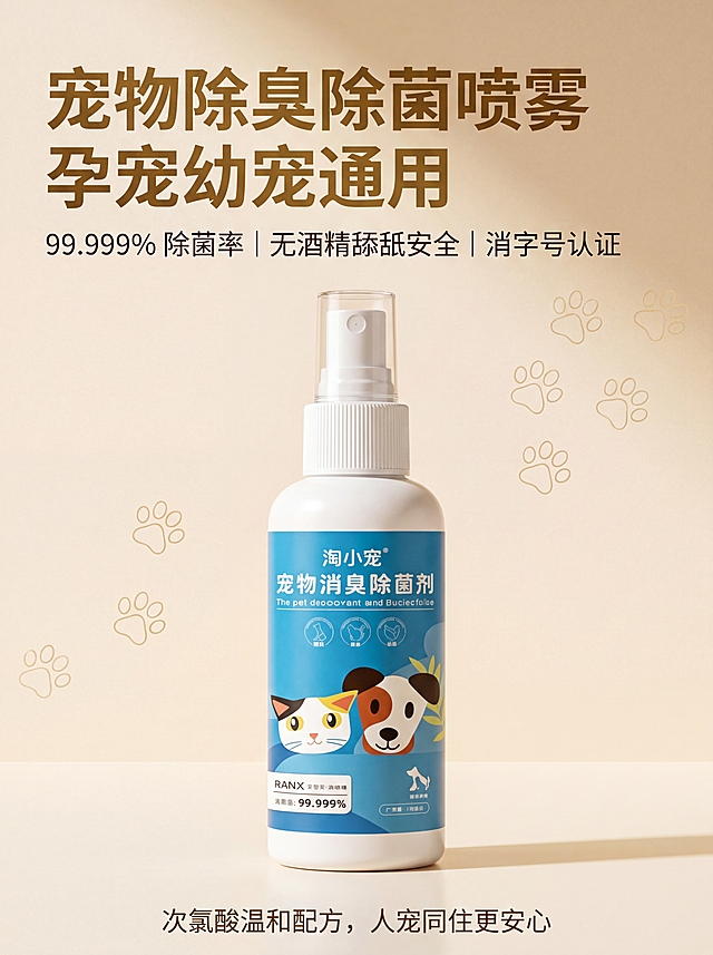 [主图1]首屏主视觉全卖点总览宠物除臭喷雾主图；[氛围风格]轻奢温馨养宠氛围，暖调柔光；[画质]商业摄影质感，8K超高清，产品清晰真实画面干净高级；[元素]保持输入的宠物消臭除菌喷雾产品外观物理结构、材质质感、颜色与原图绝对一致，杜绝任何变形和色差，商品主体占比70%左右，背景为浅米色渐变，点缀浅金色爪印装饰，画面满屏无边框；[光影]暖调柔光均匀包裹产品，主光从侧前方打亮瓶身，辅光柔化阴影，点缀光勾勒产品轮廓，光比舒适无过曝；[配色]主色调浅米色渐变，辅助色浅金色爪印，产品瓶身蓝白配色自然融入画面；[视角构图]四分之三平视视角，景深适中，产品居中饱满，前中后景分层清晰；[文字版式]左上负空间左对齐排版，大字主文案为"宠物除臭除菌喷雾 孕宠幼宠通用"，粗体无衬线大字号，下方小字副标题"99.999% 除菌率 | 无酒精舔舐安全 | 消字号认证"，字号为主文案的50%，底部补充小标"次氯酸温和配方，人宠同住更安心"，所有文字颜色为深棕金色，与浅米色背景形成高反差，文字不遮挡产品主体；[比例分辨率]3:4比例，2K分辨率，文字清晰锐利；[负向提示词]变形，水印，文字错乱，产品图模糊，背景杂乱，色差严重