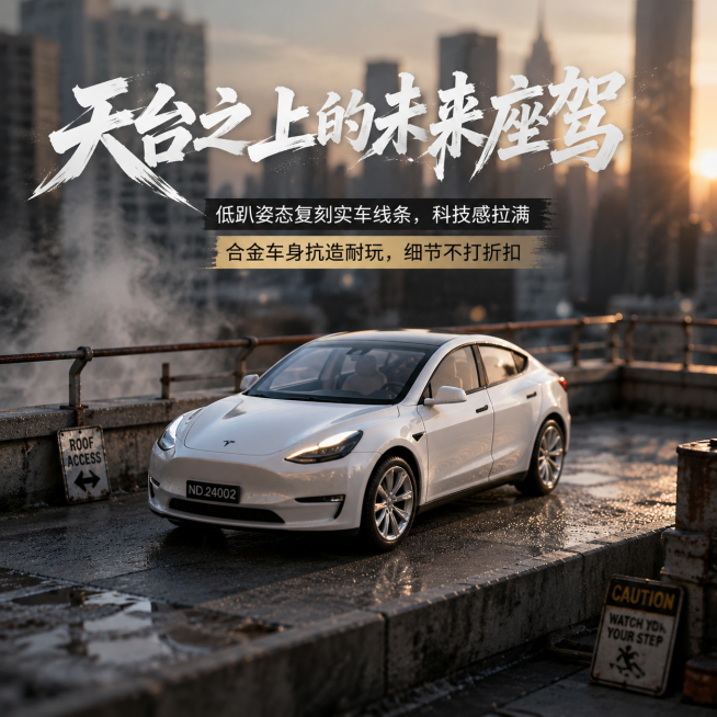 户外天台城市街景：城市天台微缩场景，水泥地面 + 护栏，背景是虚化的城市天际线，搭配少量烟雾模拟氛围感。白色车模斜侧停在天台边缘，车门全部关闭，车头朝向镜头，车身反射城市建筑的光影。卖点文案艺术体：「预览效果