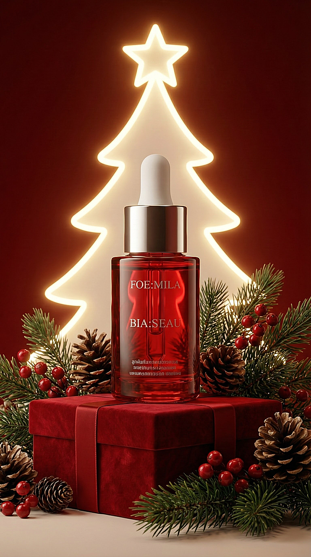 商业产品摄影，化妆品置于红色礼盒台面上；背景是暖光勾勒的白色圣诞树轮廓，树顶有发光五角星；画面点缀圣诞松枝、松果、红色浆果，整体色调为浓郁正红与暖白，圣诞节日氛围浓厚，光影柔和高级，产品质感通透，商业大片质感，8K超清。比例9：16