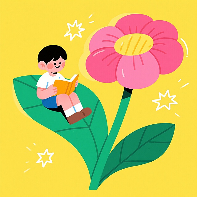 清新插画风，男孩坐于叶上阅读，旁有巨花，简约卡通，童趣盎然。