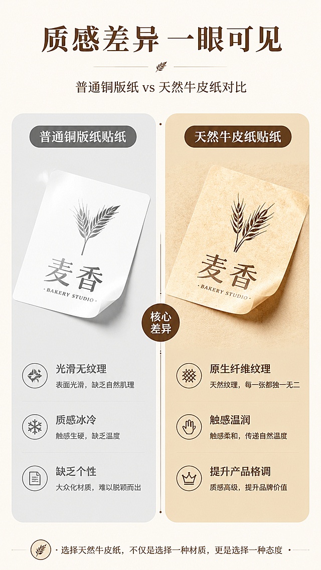 「图片1」「图片1」「图片1」「图片1」，生成一套详情页，商品名称牛皮纸不干胶贴纸定制，卖点天然牛皮纸原色，自带怀旧质感，提升产品格调独特的纸纤维纹理，触感有温度，区别于普通铜版纸适合手作、文创、烘焙、茶叶等主打 "匠心" 的品类优质不干胶，粘贴牢固不易脱落适用广：可贴在纸盒、玻璃瓶、塑料、纸袋等多种材质表面场景多样：产品封口、礼品装饰、手账素材、价格标签、封口贴等我需要上淘宝链接的所以贴纸的图片展示可以多几张多展示牛皮纸贴纸的图片，适配淘宝/天猫平台，单图比例为9:16，需求屏数为12-14张。