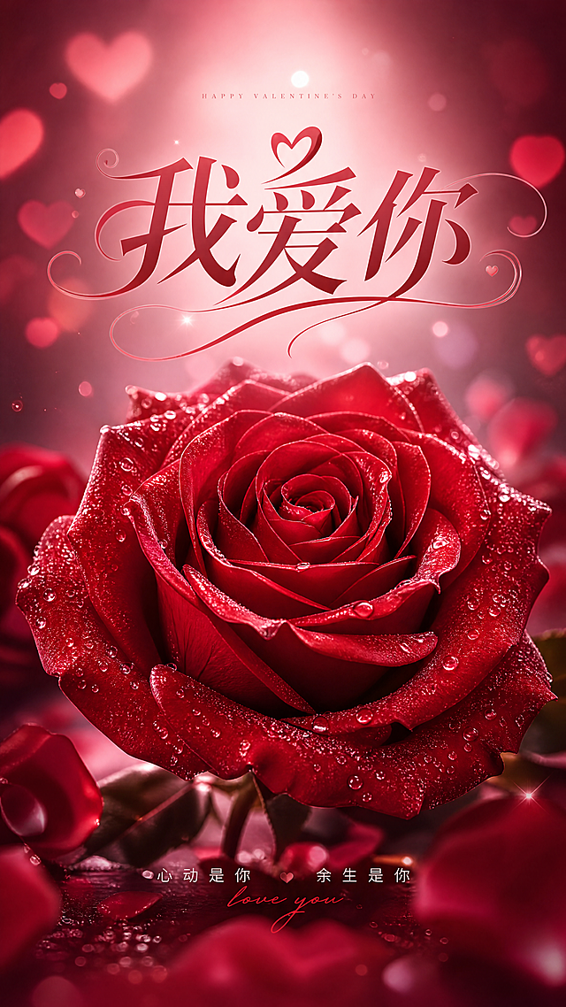 浪漫情人节主题海报，主体是盛放的血红玫瑰花，画面上方有醒目的艺术字标题"我爱你"，整体氛围浪漫深情，背景柔和朦胧，高清质感
