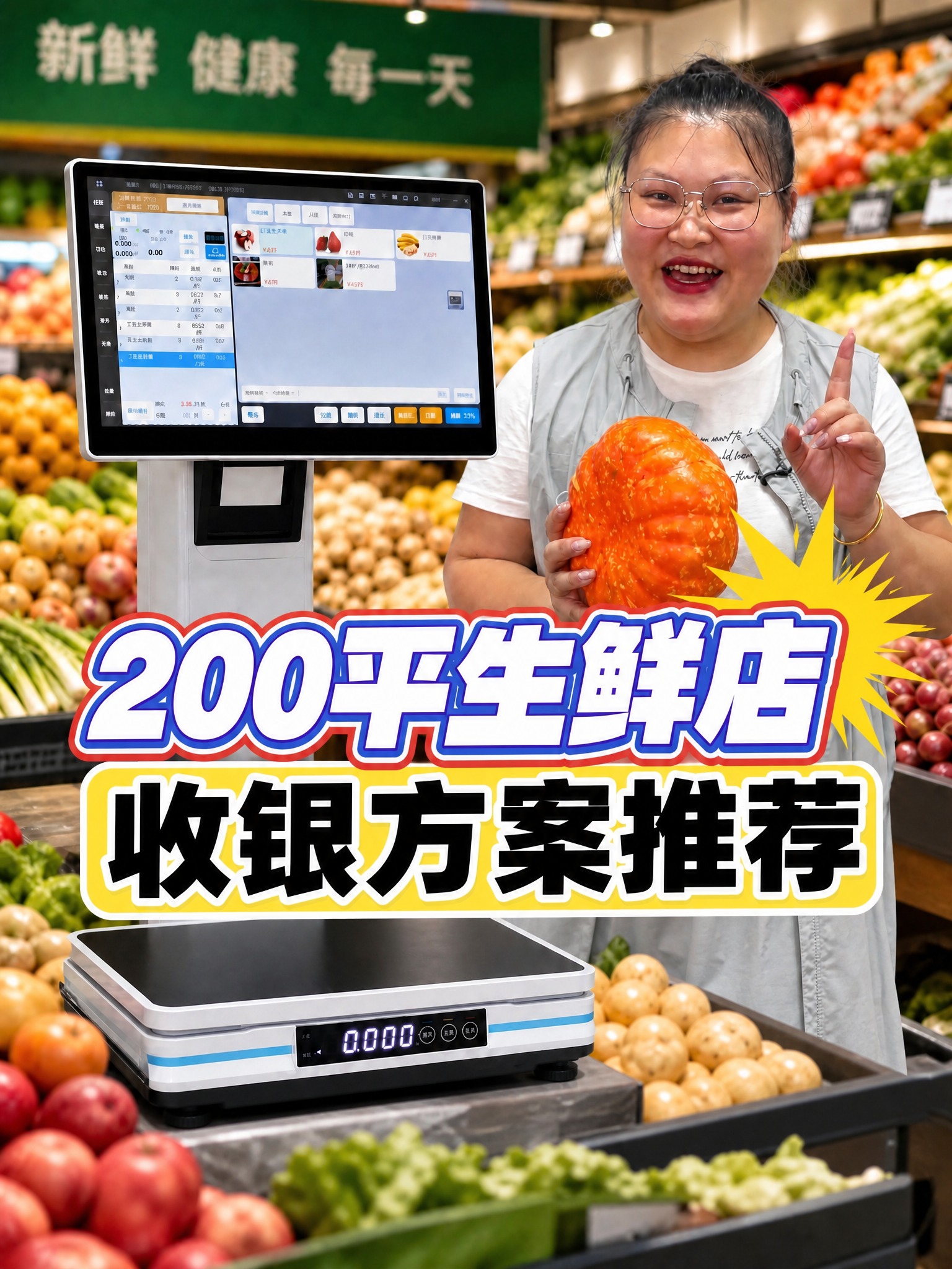 将图片中的两行大字标题"200平生鲜店"和"收银方案推荐"整体… - 图片创意预览