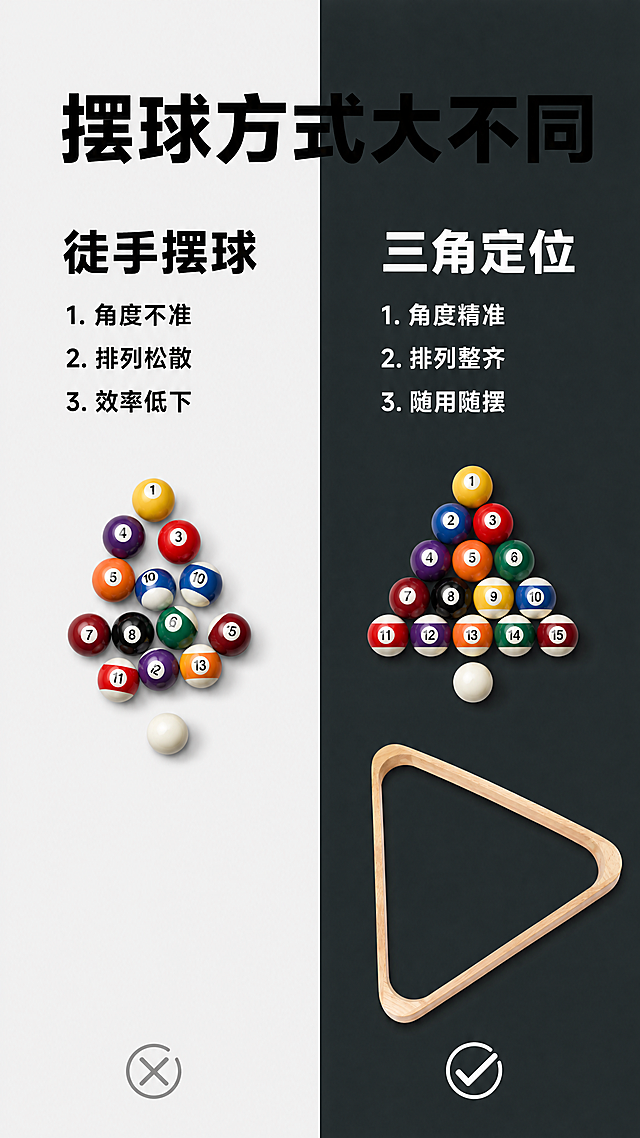 [第2屏] 传统摆球痛点对比页-对比普通摆球与实木三角架的效果。本屏使用【图1】作为产品主体。
[氛围/风格] 清晰对比风，简约商务，信息层级明确，商业设计感。
[元素布局] 画面左右分屏对比，左半部分展示「传统徒手摆球」痛点，右半部分展示「实木三角架摆球」优势，中间用竖线分隔。左右部分各占50%宽度，产品放在右半部分下半区，保持三角形原木结构与原图一致。左半区背景浅灰色，添加混乱松散台球示意图标；右半区背景深绿色，展示整齐摆球效果。
[光影质感] 整体均匀光照，左右对比清晰，产品光影真实，细节突出。
[配色色系] 背景分屏：左#F5F5F5（浅灰），右#2C3333（深绿）；主体配色：#E6C799（原木）；文字：左黑右白。
[视角构图] 平铺对比构图，左右信息对称，主体产品放置合理不遮挡文字。
[文字版式] 顶部通栏大标题「摆球方式大不同」黑色粗体居中；左区标题「徒手摆球」加粗，下方痛点：1. 角度不准 2. 排列松散 3. 效率低下；右区标题「三角定位」加粗，下方优势：1. 角度精准 2. 排列整齐 3. 随用随摆；文字清晰排版，不遮挡产品主体。
[比例分辨率] 9:16竖版比例，4K分辨率，文字清晰可辨，超高清。
[负向提示词] 产品变形，颜色偏差，文字错乱，对比不清晰，水印，背景杂乱。