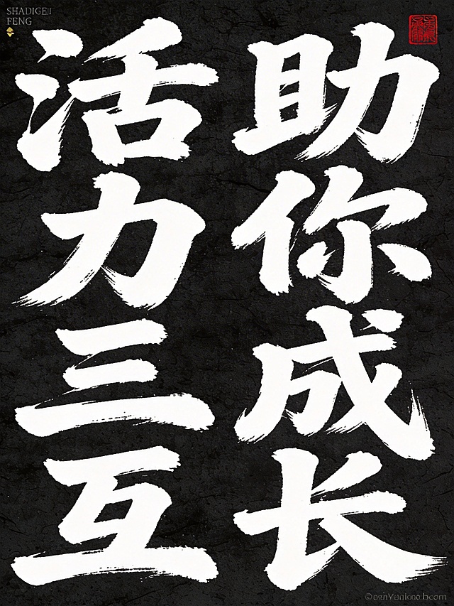 干净的黑色纹理背景。平面书法艺术字体设计，四个字"活力三互"竖向排列在左侧，四个字"助你成长"竖向排列在右侧，整体左右布局，自然流畅的笔触，字体浑厚饱满，白色毛笔书法字体，水墨晕染效果，右上角添加红色篆刻印章装饰，角落点缀细小英文装饰，整体风格雅致简约，文字结构清晰可识别，所有笔画完整无裁切，四周留有安全边距。比例3:4