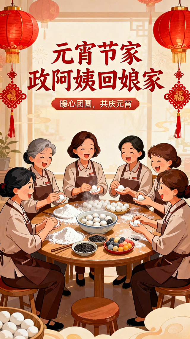 元宵节家政阿姨回娘家活动海报，画面里一群穿着统一整洁家政服的阿姨围坐在一起开心包汤圆，桌上摆满糯米粉、芝麻馅、各色汤圆，背景挂着红灯笼、中国结，充满节日氛围，上方醒目写着"元宵节家政阿姨回娘家"，下方小字写着"暖心团圆，共庆元宵"，整体色调温暖喜庆，风格温馨治愈