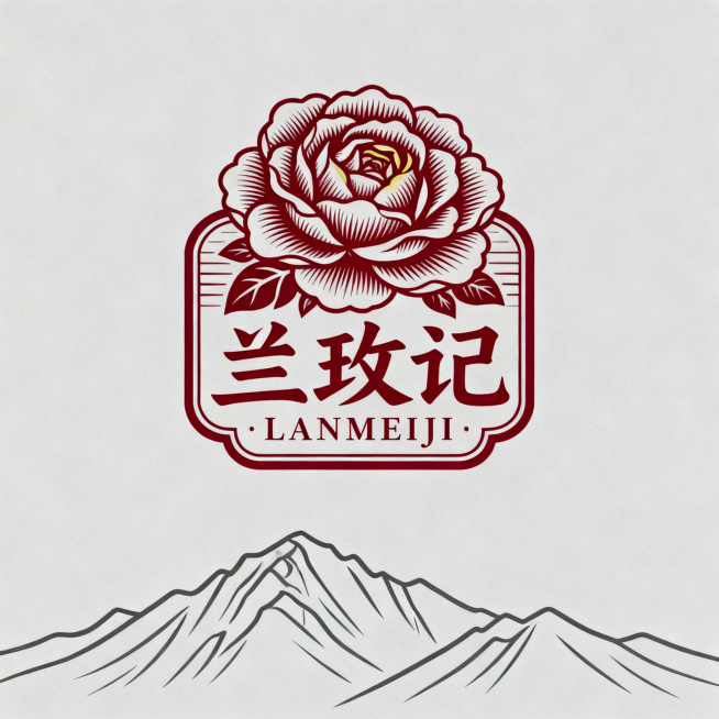 设计一个新中式风格的“兰玫记”品牌标准徽章版Logo，整体风格高级干净，徽章式构图，底部是极简线条勾勒的兰州山脉轮廓，上方是一朵层次丰富的苦水重瓣红玫瑰，中心是书法体“兰玫记”三个汉字，字体为思源宋体预览效果