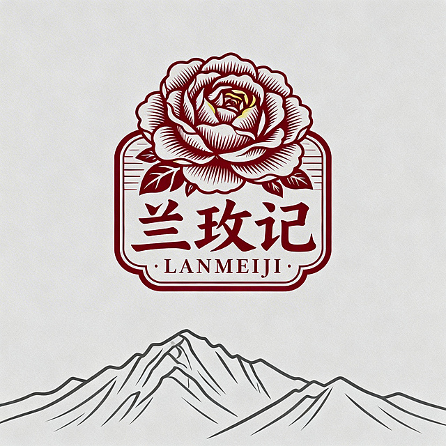 设计一个新中式风格的“兰玫记”品牌标准徽章版Logo，整体风格高级干净，徽章式构图，底部是极简线条勾勒的兰州山脉轮廓，上方是一朵层次丰富的苦水重瓣红玫瑰，中心是书法体“兰玫记”三个汉字，字体为思源宋体风格的书法体，下方搭配间距宽松的拼音“LANMEIJI”。主色使用兰玫雅红#B92353，辅色使用陇原金#D4B16E，背景使用兰山灰#EAE6E0，整体体现匠心传承感。
