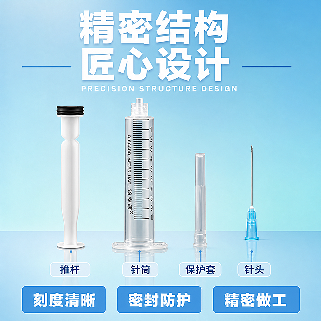 图生图，重新设计排版一张工业用塑料针筒产品结构展示图，1:1比例电商主图风格。背景为淡蓝色系渐变（浅天蓝到淡青蓝的柔和渐变），整体风格专业干净、工业品质感。

保留参考图中的全部产品组件：从左到右依次为白色塑料推杆、透明塑料针筒（带黑色刻度线）、透明塑料保护套、金属针，所有产品的外观结构、材质、颜色、刻度细节与参考图完全一致，杜绝变形和色差。

排版方式与参考图完全不同，采用上下分区的信息型版式：
- 顶部约25%区域：居中两行超大粗黑体白色大字「精密结构」「匠心设计」，下方配一行小号英文装饰字「PRECISION STRUCTURE DESIGN」，标题左右两侧各加一条细蓝横线装饰。
- 中部约55%区域：四个组件横向均匀排列在淡蓝色渐变台面上，底部有柔和倒影；中间的透明针筒主体略放大居中，作为视觉中心。每个组件下方对应一个圆角白色半透明卡片，卡片内写组件名称「推杆」「针筒」「保护套」「针头」，卡片用细蓝线向上连接到对应产品底部。
- 底部约20%区域：三个等宽淡蓝色圆角矩形横向排列，分别写「刻度清晰」「密封防护」「精密做工」白色粗体字。

光影：柔和顶部主光，产品边缘有清晰高光，透明塑料有通透折射感，底部有轻微投影和倒影，整体明亮干净，专业工业感。
配色：主色淡天蓝渐变背景，辅助色白色，强调色深蓝，字体用现代无衬线粗黑体。

负向提示词：变形，文字错乱，产品模糊，背景杂乱，水印，电商平台Logo，黑色背景，暗色调，手指，人物，医疗，医用，注射器字样。