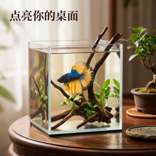 [主图 8] 观赏鱼家居造景场景展示
[氛围风格] 中国风禅意水族场景，自然温馨
[画面元素] 商业摄影质感、光线柔和通透、产品清晰真实、画面干净高级。将本款芥子斗鱼放入中式桌面小型鱼缸造景中，搭配沉预览效果