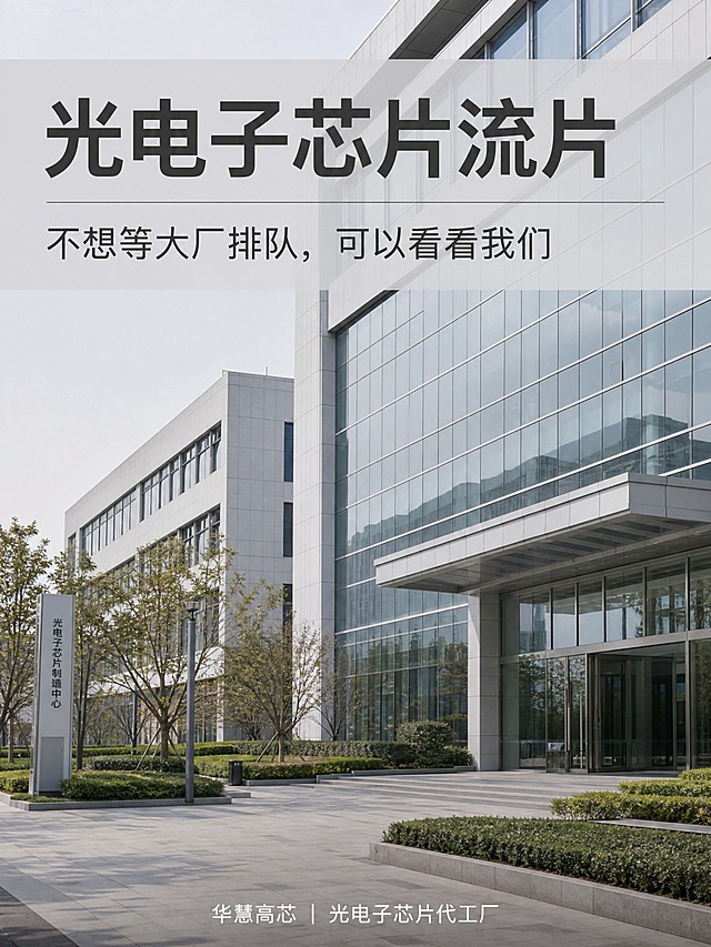 3:4竖版真实企业纪实摄影，光电子芯片代工厂产业园主楼入口，白天柔和自然光，现代玻璃幕墙建筑，门前绿化广场，低饱和米灰冷白色调，禁止霓虹色、高饱和蓝色、赛博炫光，真实相机拍摄质感，轻微照片噪点，8K实拍感，不要CG渲染，不要海报特效。画面上方有半透明浅灰底条，清晰中文大字“光电子芯片流片”，副标题“不想等大厂排队，可以看看我们”，底部小字“华慧高芯｜光电子芯片代工厂”，字体为简约无衬线体，白色+深灰色文字，文字清晰无乱码，排版规整。
