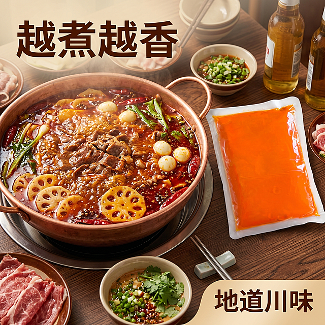 [主图 4] 经典老火锅红油食用场景体验图。[氛围风格] 浓郁食欲棕色风格，真实火锅店场景代入。[画质] 商业摄影质感、光线柔和通透、产品清晰真实、画面干净高级。[元素] 煮沸的红汤火锅锅底，红油翻滚香气四溢，本品红油包装袋放置在火锅旁边，保持包装袋外观颜色质感与输入产品图一致，场景还原火锅店涮煮氛围，商品主体占比约60%，满屏无边框。[光影] 室内暖光，突出红汤红油透亮色泽，光影层次感强，氛围温暖诱人。[配色] 主色调红棕浓郁色系，增强食欲感。[视角构图] 平视生活感视角，场景主体清晰，背景虚化突出产品。[文字版式] 左上角大字写“越煮越香”，深棕粗体，右下角小字写“地道川味”，大小对比清晰，不遮挡主体。[比例分辨率] 1:1 比例，2k 分辨率；文字清晰锐利，画面超高清。[负向提示词] 变形，水印，文字错乱，产品图模糊，背景杂乱，遮挡主体