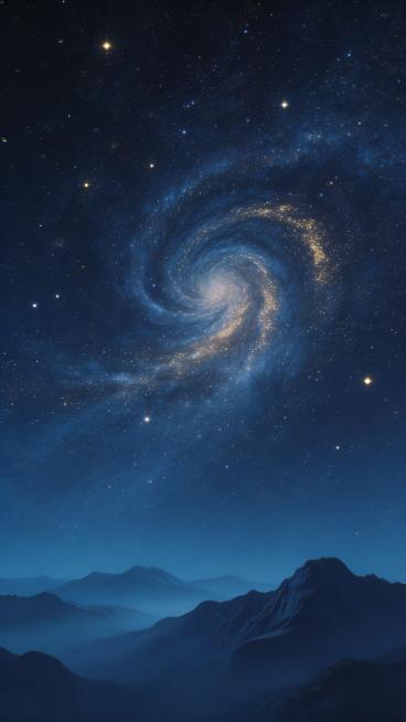 古风浪漫深情星河，辽阔星河缓缓流向远方，画面中央有星云汇聚成漩涡状，远山与天地融为一体。画面空灵悠远，色调回归深蓝与藏青，少量金色点缀，无任何文字预览效果