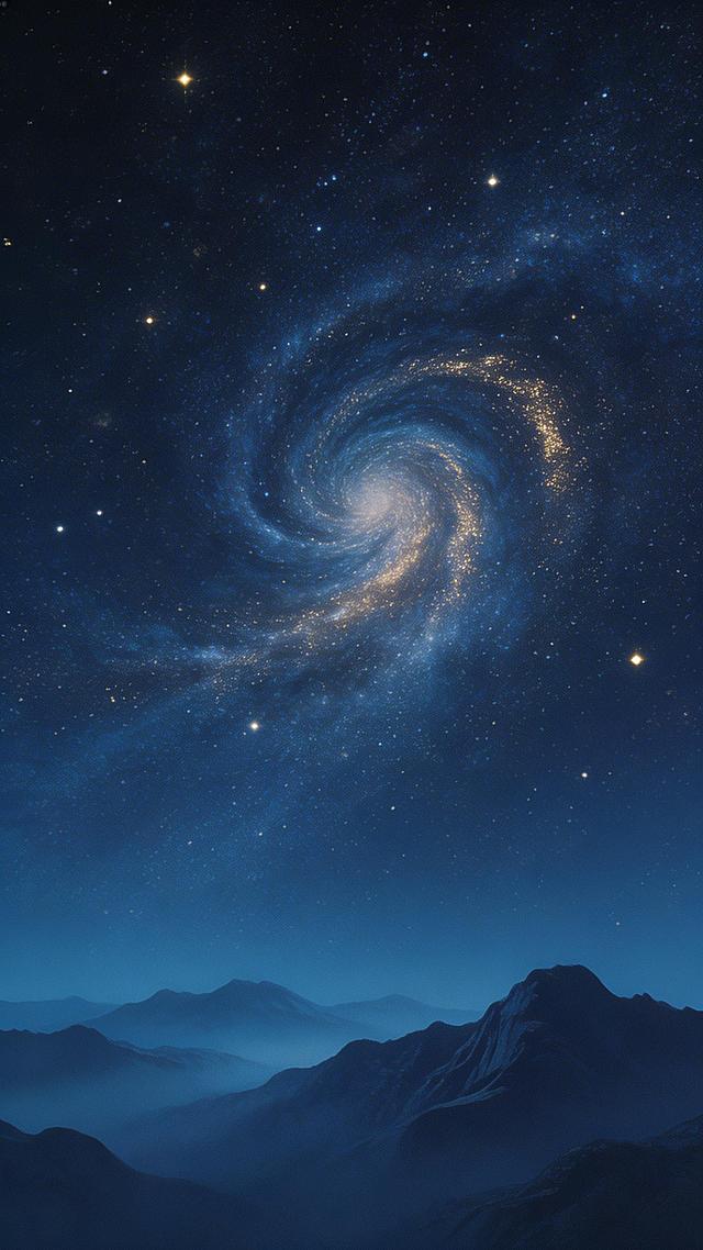 古风浪漫深情星河，辽阔星河缓缓流向远方，画面中央有星云汇聚成漩涡状，远山与天地融为一体。画面空灵悠远，色调回归深蓝与藏青，少量金色点缀，无任何文字